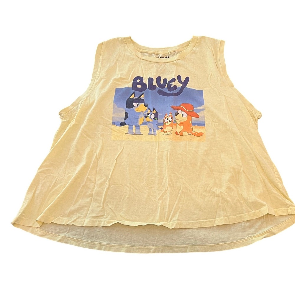 Bluey Kids Graphic Tank Top Yellow Sleeveless Beach Scene‎ Cotton Shirt Size 3X